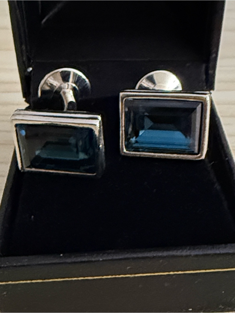 Swarovski Men's Silver Cufflinks with Deep Blue Rectangular Crystals
